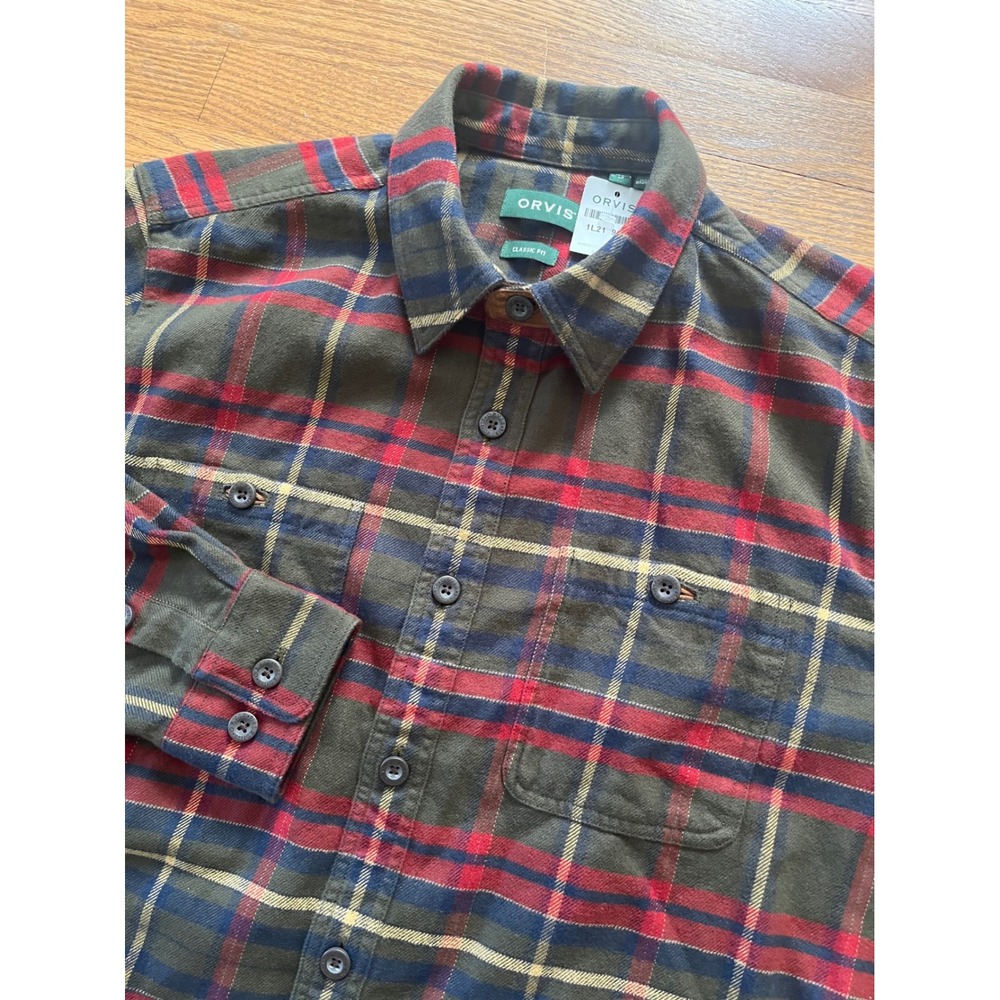Orvis Perfect Flannel Shirt Mens Large Classic Fit Olive Red Plaid 1L21 9053
